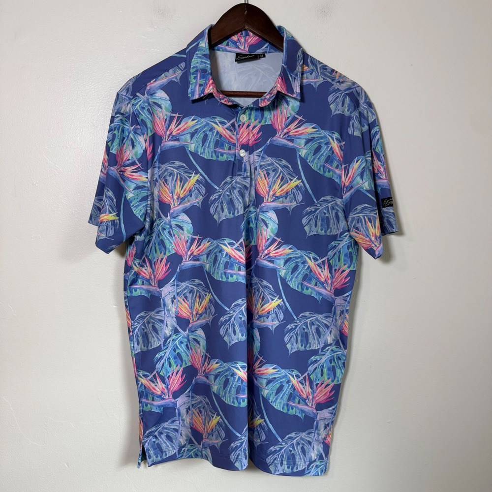 Sunday Swagger Bird of Paradise Tropical Performance Polo Shirt Size M Blue‎
